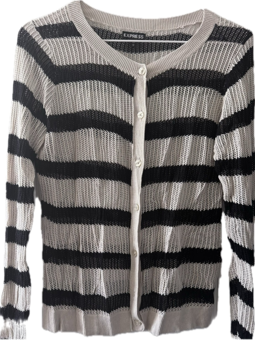 Express Striped Cardigan. 
Black and Cream. Button Front
100% Rayon - Sheer